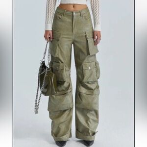 Sage green faux leather cargo pants multi-pocket KRIPT size XS